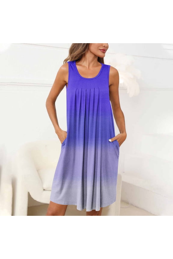 Nightgowns for Women with Pockets Trendy Flowy Pleated Long Sleeveless Nightgown Soft Tank Sleep Shirts Comfy Sleepwear Ladies Sleep Dress Blue XL