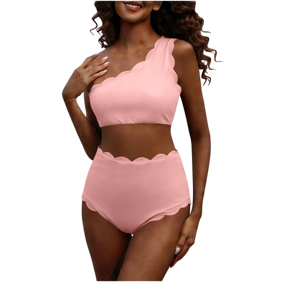Nfurl One Shoulder Bikini Swimsuits for Women High Waisted Bikini Bathing Suits Tummy Control Two Piece Swimsuit Summer Swimwear Pink,Size S
