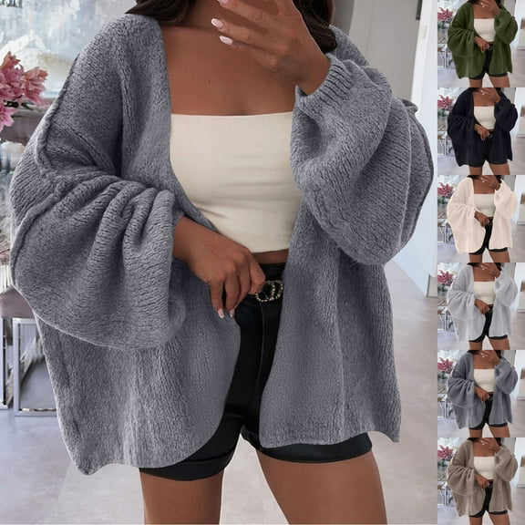 Nfurl Oversized Cardigans Sweaters for Women 2025 Fall Fashion Long Lantern Sleeve Cardigan Soft Open Front Sweater Jackets Black L