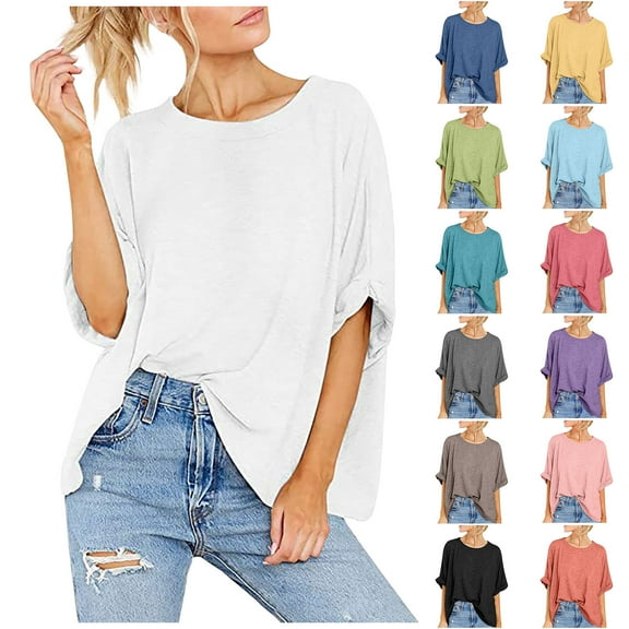 Nfurl Oversized Cotton T Shirts for Women Summer Elbow Half Sleeve Tshirts Loose Fit Plain Shirt Casual Crew Neck Tops Cozy Soft Pullover Solid Color Workout T-Shirts