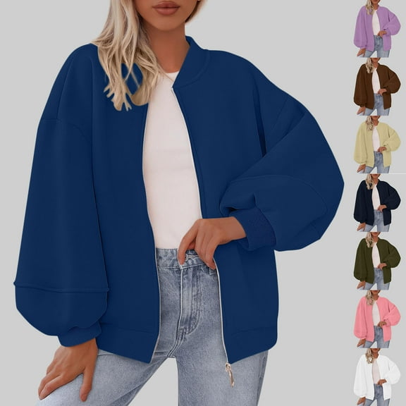 Nfurl Oversized Jackets for Women Zip Up Bomber Jacket Casual Long Sleeve Outerwear Winter Coats Trendy Lantern Sleeved Fashion Coats Navy M