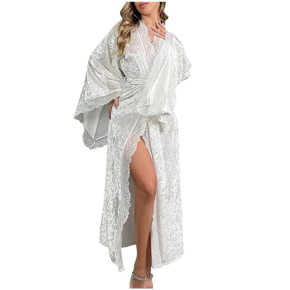 Nfurl Oversized Velvet Robe for Women Trendy Flare Sleeve Lace Trim Maxi Length Robe with Belt Party Spa Bathrobe Ladies Nightgowns White L