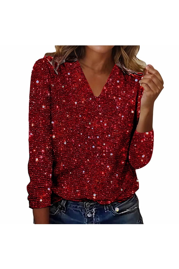 Party Tops for Women Elegant Long Sleeve V Neck Sequin Shirts Dressy Shiny Cocktail Night Out Evening Club Wear Clothes Sparkly Top Red L