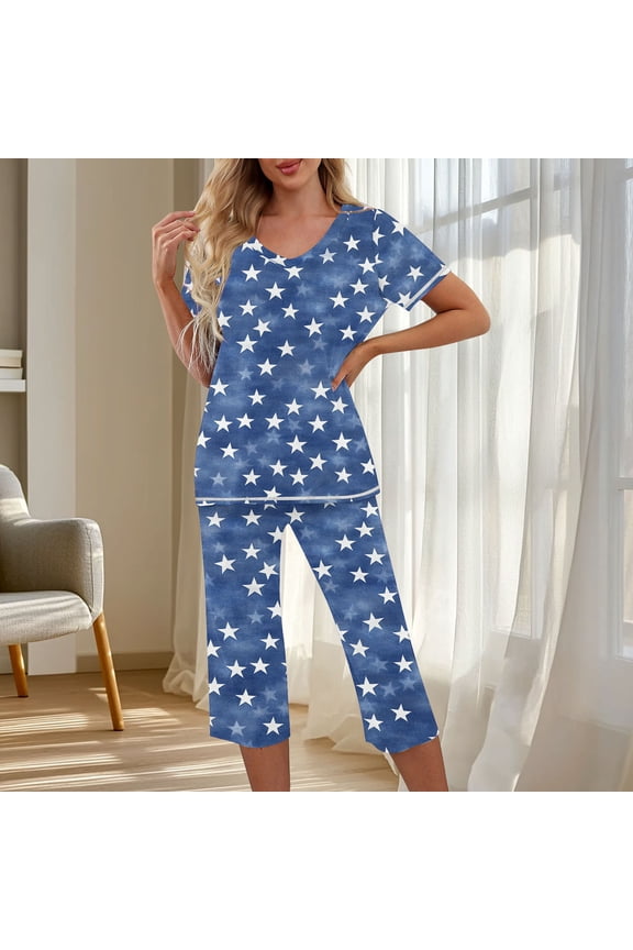 Pjs Sets for Women Short Sleeve V Neck Tops and Capris Pants Cute Printed Pajama Outfits Summer Sleepwear Set Ladies Loungewear Navy,M