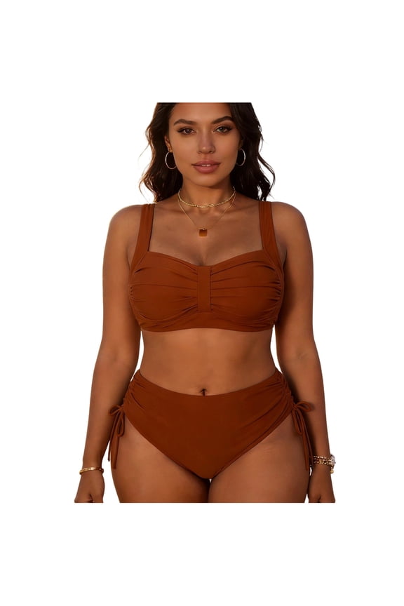 Plus Size Bikini Bathing Suits for Women 2 Piece High Cut Swimsuits Bottoms Twist Front Bikini Tops Built in Bra Ladies Swimsuits Sets Brown,Size XXL