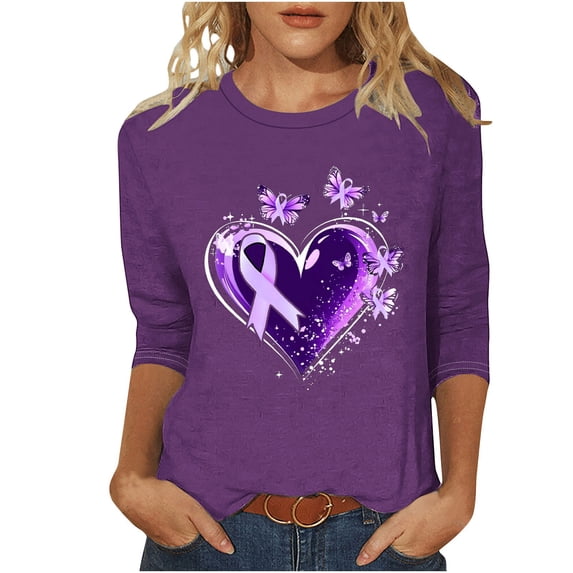 Nfurl Plus Size Blessed Breast Cancer T Shirts for Women Pink Ribbon Graphic Tees Cancers Awareness Shirts Fall Pullover Tops Purple S