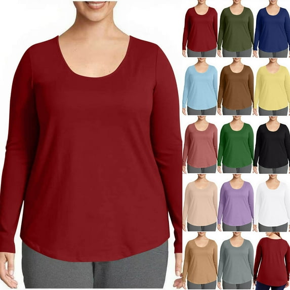 Nfurl Plus Size Blouses for Women Dressy Long Sleeve Round Neck Shirts Loose Fit Solid Color Basic Shirt Soft Pullover Tops Fall Clothes Purple L