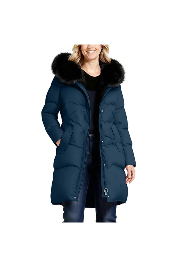 Plus Size Long Winter Coats for Women Thermal Long Sleeve Zip up Quilted Puffer Jackets Warm Outerwear Coats Winter Parka Overcoats Navy XXXXL