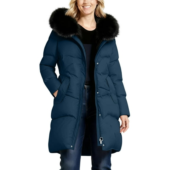 Nfurl Plus Size Long Winter Coats for Women Thermal Long Sleeve Zip up Quilted Puffer Jackets Warm Outerwear Coats Winter Parka Overcoats Navy XXXXL