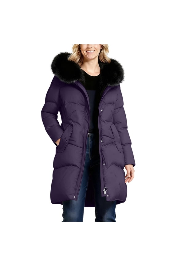 Plus Size Long Winter Coats for Women Thermal Long Sleeve Zip up Quilted Puffer Jackets Warm Outerwear Coats Winter Parka Overcoats Purple L