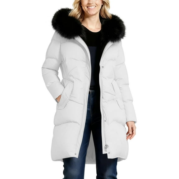 Nfurl Plus Size Long Winter Coats for Women Thermal Long Sleeve Zip up Quilted Puffer Jackets Warm Outerwear Coats Winter Parka Overcoats White XXL