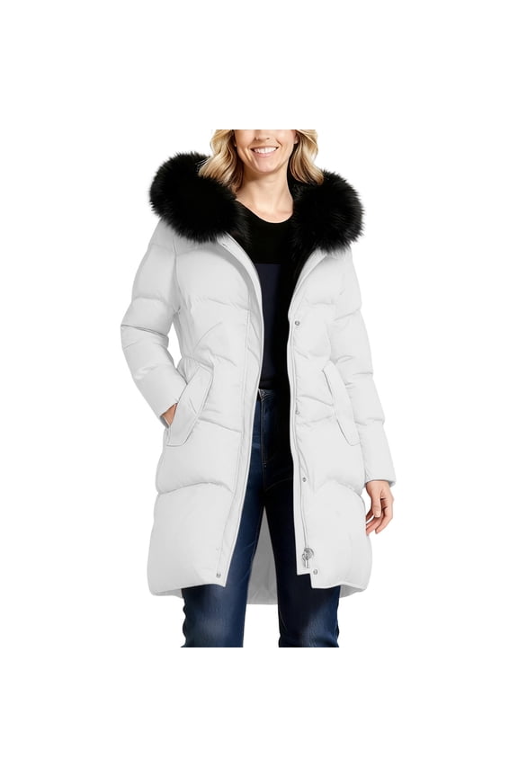 Plus Size Long Winter Coats for Women Thermal Long Sleeve Zip up Quilted Puffer Jackets Warm Outerwear Coats Winter Parka Overcoats White XXXXL