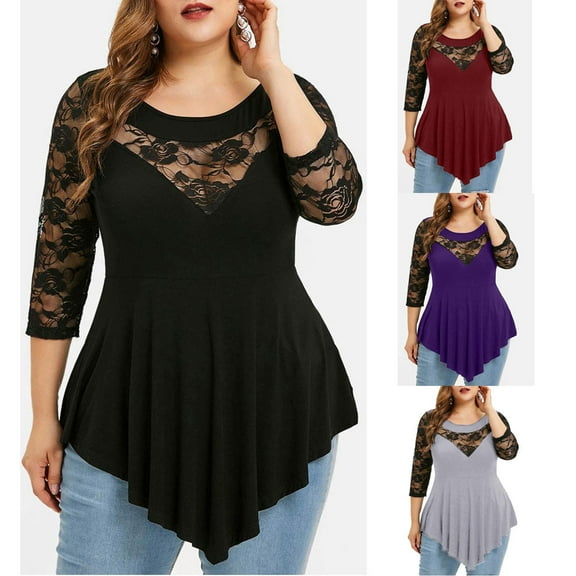 Nfurl Plus Size Shirts for Women Fitted Lace 3/4 Sleeve See Through Tops Elegant Curved Hem Tunic Top 2025 Fashion Clothes Black XL