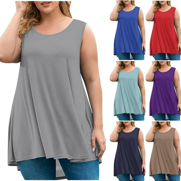 Nfurl Plus Size Tank Tops for Women 2025 Loose Fit Basic Shirts Casual Curved Hem Tunic Top Flowy Sleeveless T-Shirt Solid Color Crewneck Tee Blouse