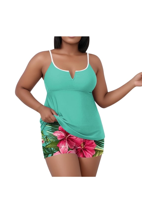 Plus Size Tankini Bathing Suits for Women Trendy Floral Print Swim Boyshorts Summer Swim Tank Tops Tankini Swimsuits Sets 2 Piece Mint Green,Size XXL