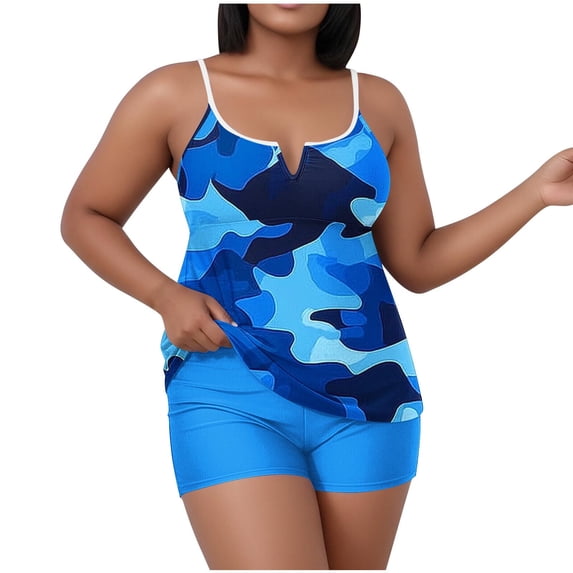 Nfurl Plus Size Tankini Bathing Suits Women Two Piece Floral Print Tankini Swimsuits Sets Summer Vacation Swimming Suits Ladies Swimwear Blue,Size XXXXL