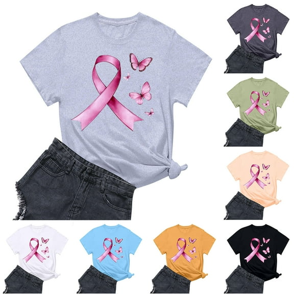 Nfurl Plus Size Women Breast Cancer Awareness T Shirts Inspirational Pink Ribbon Graphic Tees Casual Short Sleeve Crewneck Tshirt Gray XXL