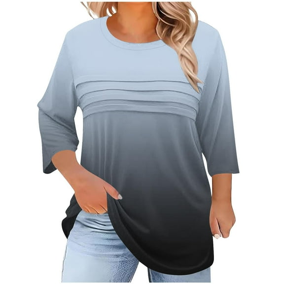 Nfurl Plus Size Women's Tops and Blouses Gradient Printed 3/4 Sleeve Blouse for Women Elegant Business Casual Tops Summer Going Out Clothes Black XXL