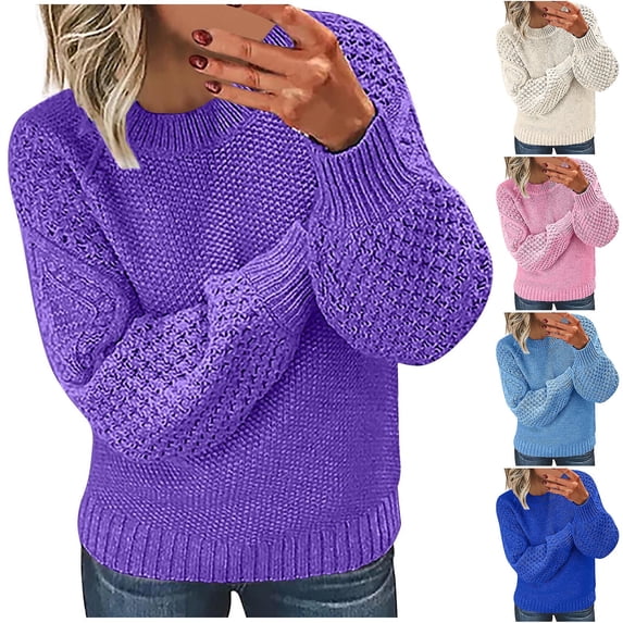 Nfurl Plus Size Womens Knit Sweaters Cozy Long Sleeve Crew Neck Pullover Sweater Comfort Solid Color Sweaters for Fall and Winter Going Out Top Purple M