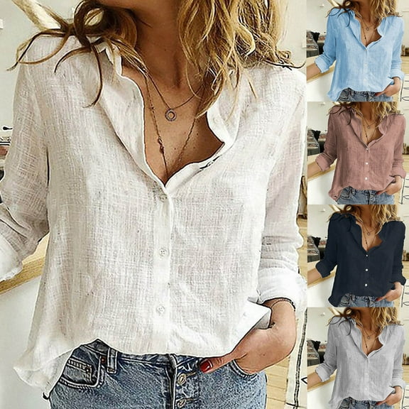 Nfurl Plus Size Womens Linen Button Down Shirts Business Casual Collared Long Sleeve Blouses Loose Fit Solid Color Tops Fall Fashion Clothes Blue XXXL