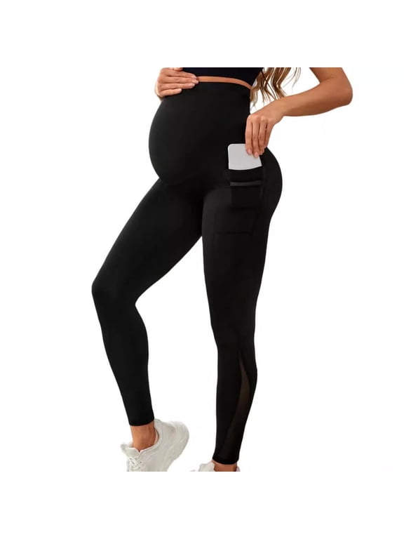 Pregnancy Leggings with Pockets Over the Belly Maternity Leggings for Workout Yoga Slim Fit Stretchy High Waist Pregnant Pants Black,S