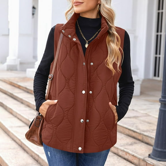 Nfurl Puffer Vests for Women Fall Winter Lightweight Zip up Solid Color Quilted Outerwear Vest Fitted Ladies Sleeveless Puffy Jackets for Going Out Brown L