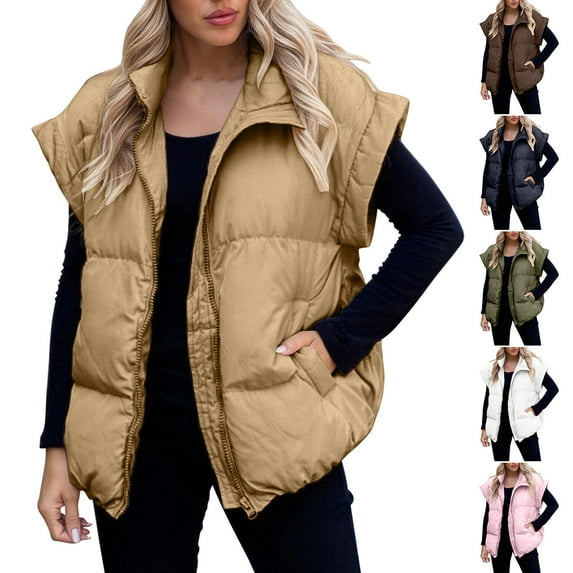 Nfurl Puffer Vests for Women 2025 Trendy Solid Color Stand Collar Sleeveless Down Jackets with Zipper Warm Puffy Vest Fall Winter Coats Black M