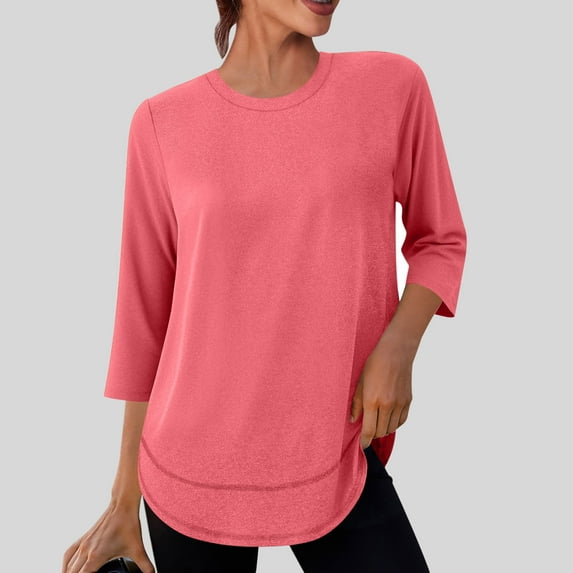 Nfurl Quick Dry Workout Tops for Women Plus Size 3/4 Sleeve Crewneck Shirts Breathable Comfy Tshirts UV Protection Womens Blouses with Curved Hem