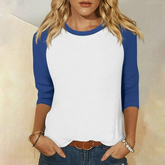 Nfurl Raglan 3/4 Sleeve Tops for Women Trendy Color Block Blouses Baseball Style Tees Loose Fit TShirt Plus Size Womens Clothes