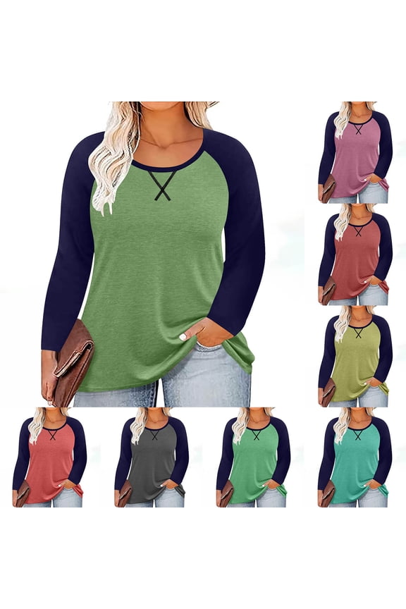 Raglan Shirts for Women Color Block Long Sleeve Ladies Tops Crewneck Blouses Plus Size Clothes Sky Blue,Sizes S-5X