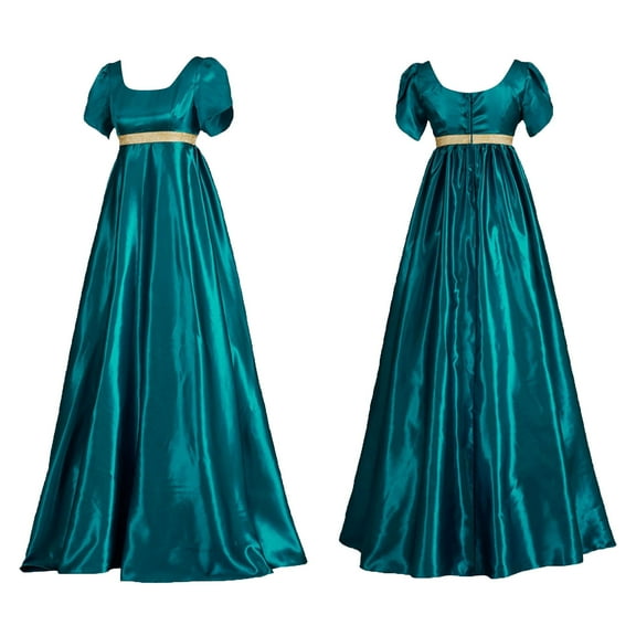 Nfurl Regency Satin Sash Dresses for Women Elegant Empire Waist Dress Plus Size Medieval Renaissance Victorian Dress Ruffled Puff Sleeve Gown Dresses Blue XXXL