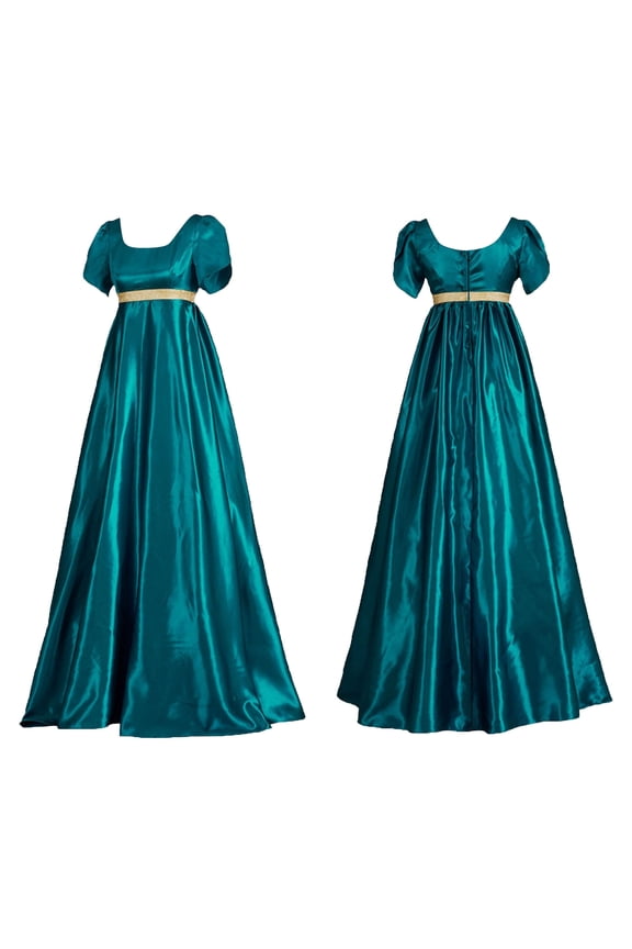 Regency Satin Sash Dresses for Women Elegant Empire Waist Dress Plus Size Medieval Renaissance Victorian Dress Ruffled Puff Sleeve Gown Dresses Blue XXXL