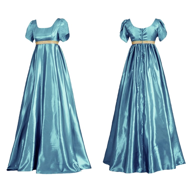 Nfurl Regency Satin Sash Dresses for Women Elegant Empire Waist Dress Plus Size Medieval Renaissance Victorian Dress Ruffled Puff Sleeve Gown Dresses