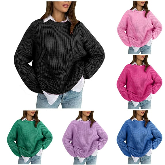 Nfurl Ribbed Knit Sweaters for Women Loose Long Sleeve Crewneck Sweater Pullover Business Casual Solid Color Sweaters 2025 Fall Fashion Hot Pink L