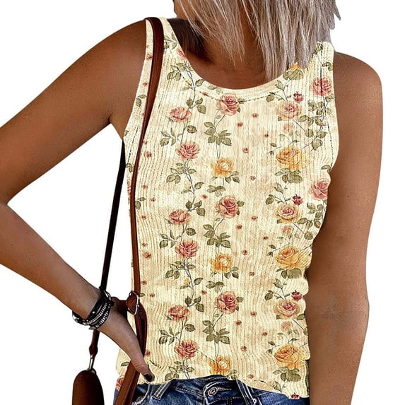 Nfurl Ribbed Tank Tops for Women Cute Floral Printed Crewneck Sleeveless Blouses Dressy Casual Summer Tank Tops Fitted Ladies Sleeveless Shirts Multicolor,XXL