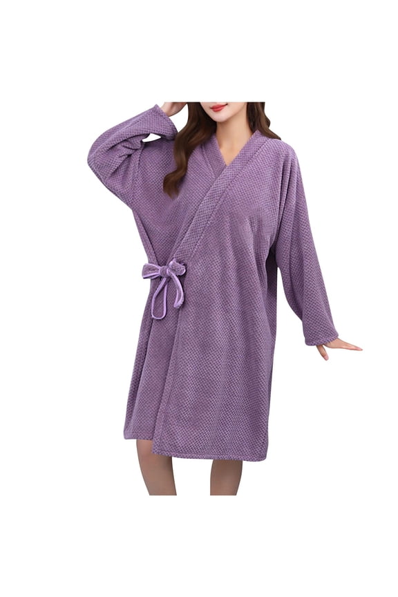 Robes for Women Waffle Knit Solid Color Long Sleeve Bathrobe Soft Sleepwear Comfy Spa Bath Robe Ladies Pajamas Short Bathrobes Purple L
