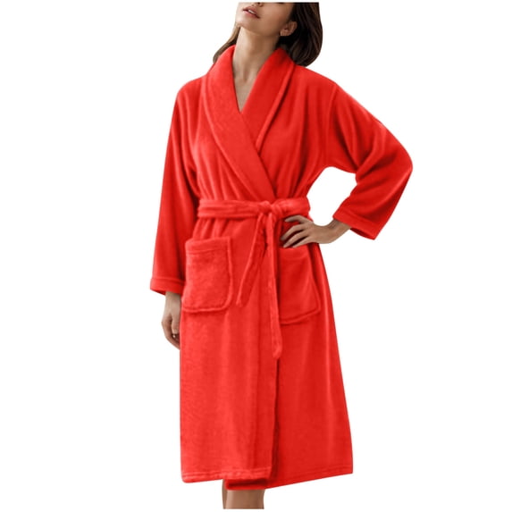 Nfurl Robes for Women with Pockets Soft Flannel Long Sleeve Shawl Collar Bath Robe Comfy Loungewear Sleepwear Shower Spa Bathrobes Red,XXXL