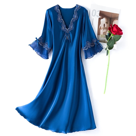 Nfurl Satin Long Nightgowns for Women Elegant Embroidered Print 3/4 Sleeve Nightgown Spring Night Gown for Sleeping Ladies Sleepwear Dark Blue,XL
