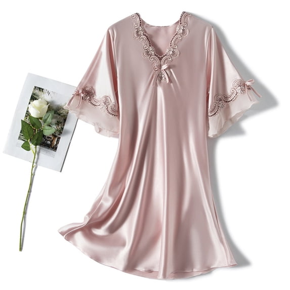 Nfurl Satin Long Nightgowns for Women Elegant Embroidered Print 3/4 Sleeve Nightgown Spring Night Gown for Sleeping Ladies Sleepwear Pink,XL
