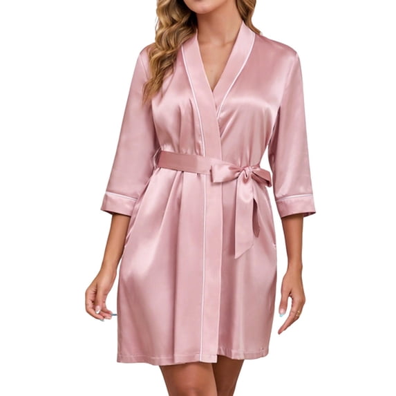 Nfurl Satin Robes for Women Elegant 3/4 Sleeve Knee Length Bath Robe Lightweight Spa Shower Bathrobes Pink,M