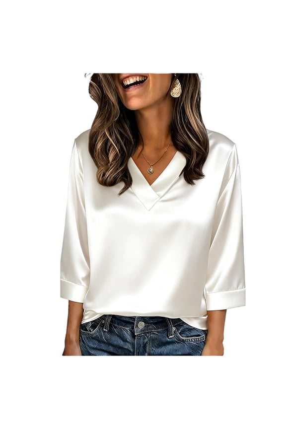 Satin Tops for Women for Evening Party Loose Fit V Neck 3/4 Sleeve Blouses Dressy Holiday Cocktail Top Ladies Satin Blouse White XXL