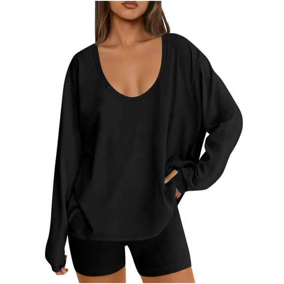 Nfurl Scoop Neck Long Sleeve Tops for Women Loose Fit Solid Color Workout Tops Comfy Pullover Sweatshirts Casual Basic Tees Black M