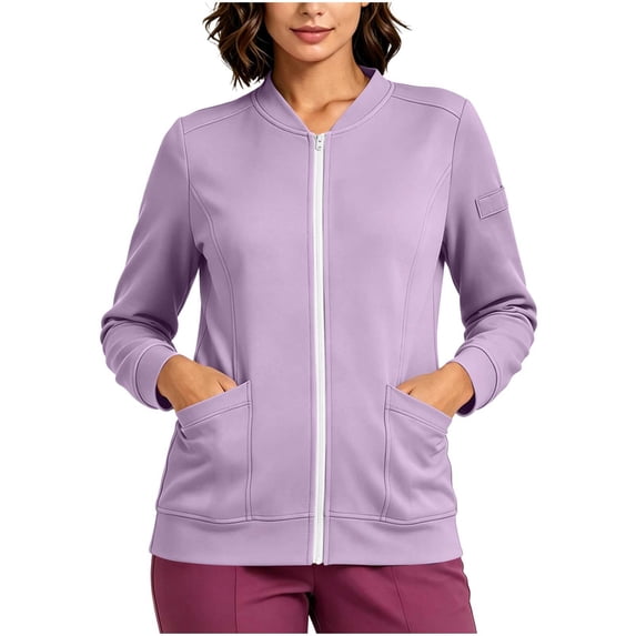 Nfurl Scrub Jackets for Women Zip Up Sweatshirt Jacket No Hood Solid Color Long Sleeve Nurse Jackets with Pockets Purple,S