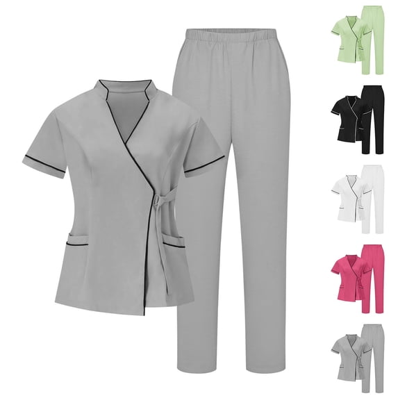 Nfurl Scrubs Sets for Women Tie Front Solid Color Short Sleeve V Neck Tops with Pants Nursing Uniform for Women Set 2 Piece Workwear Nurse Uniform Gray XXXL