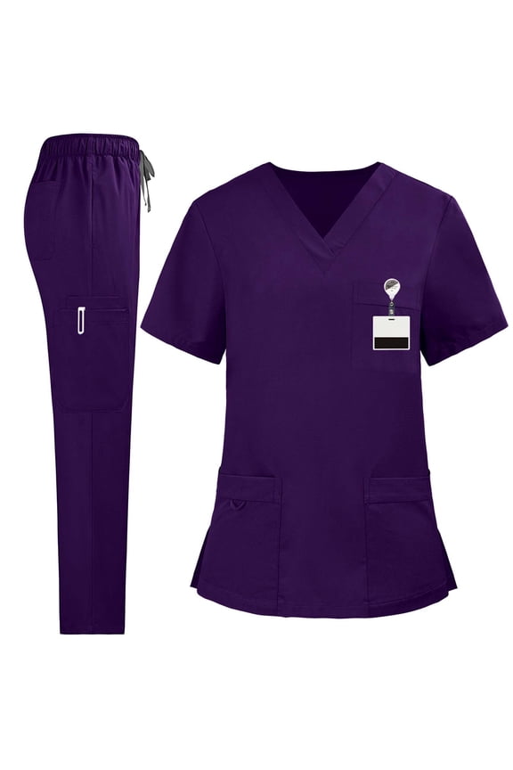 Scrubs Sets for Women with 5 Pockets Nurse Scrubs Uniform Womens Sets 2 Piece Short Sleeve V Neck Tops and Pants Nursing Uniform Purple L