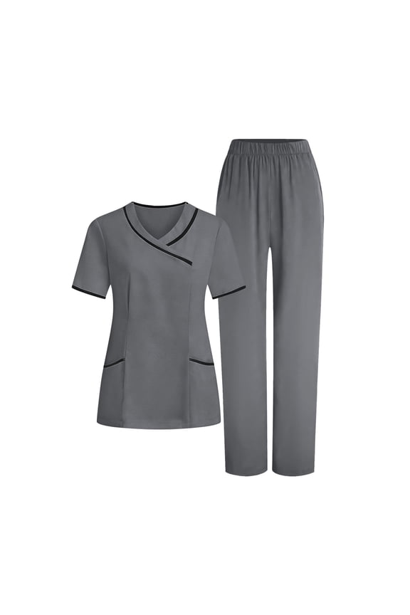 Scrubs for Women Set Short Sleeve V Neck Nurse Uniform Tops with Straight Leg Pants Solid Color Nursing Uniform Scrub Sets for Women 2 Piece Dark Gray XXL
