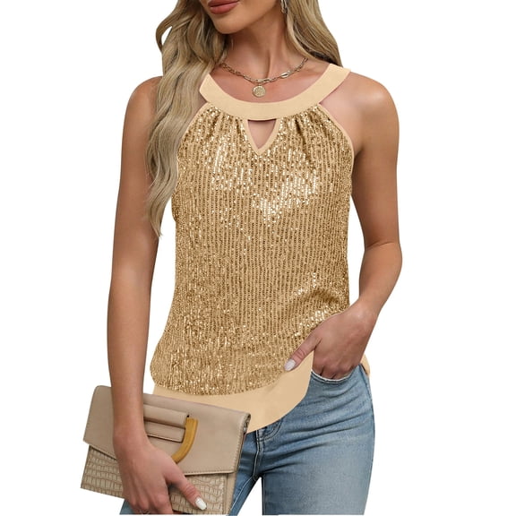 Nfurl Sequin Halter Tops for Women Evening Party Sleeveless Glitter Sparkly Tank Tops Dressy Casual Cocktail Night Out Club Clothes Gold S