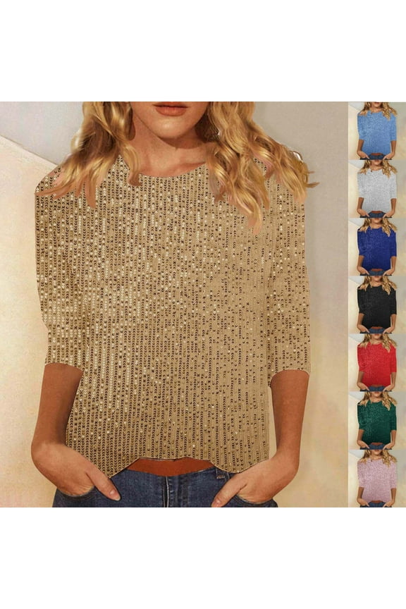 Sequin Shirts for Women Dressy 3/4 Sleeve Round Neck Glitter Sparkly Blouses Shiny Night Out Concert Dance Clubwear Ladies Party Wear Gold XL