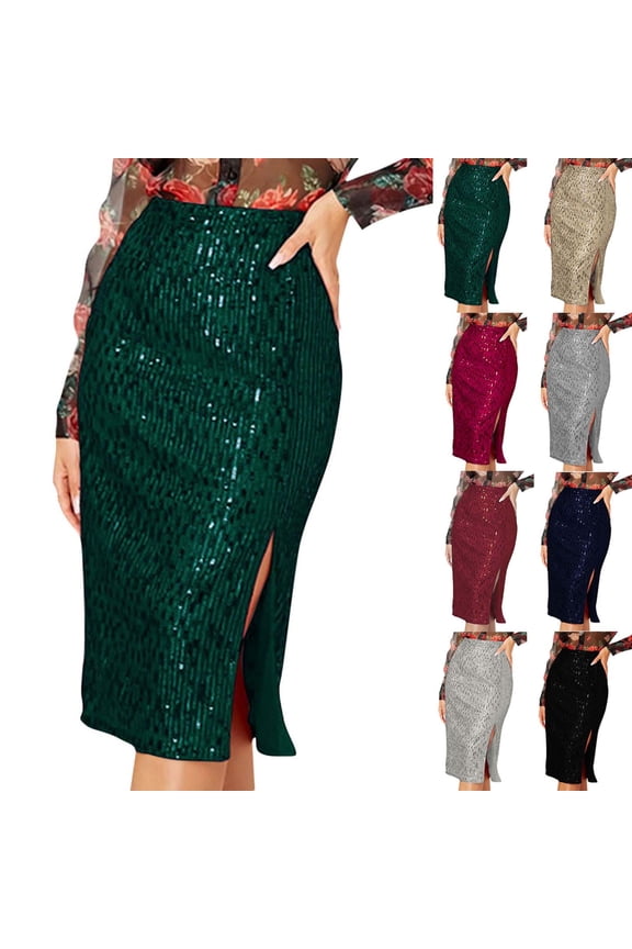Sequin Skirts for Women Elegant High Waist Sparkly Side Slit Pencil Skirt Trendy Cocktail Evening Rave Party Shiny Midi Skirts Green XXL
