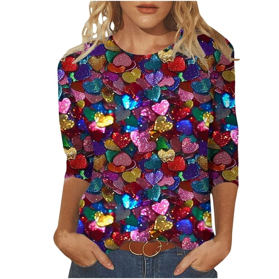 Nfurl Sequin Tops for Women Party Night 3/4 Sleeve Crewneck Sparkly Glitter T Shirts Dressy Casual Ladies Party Evening Cocktail Club Clothes Purple XL